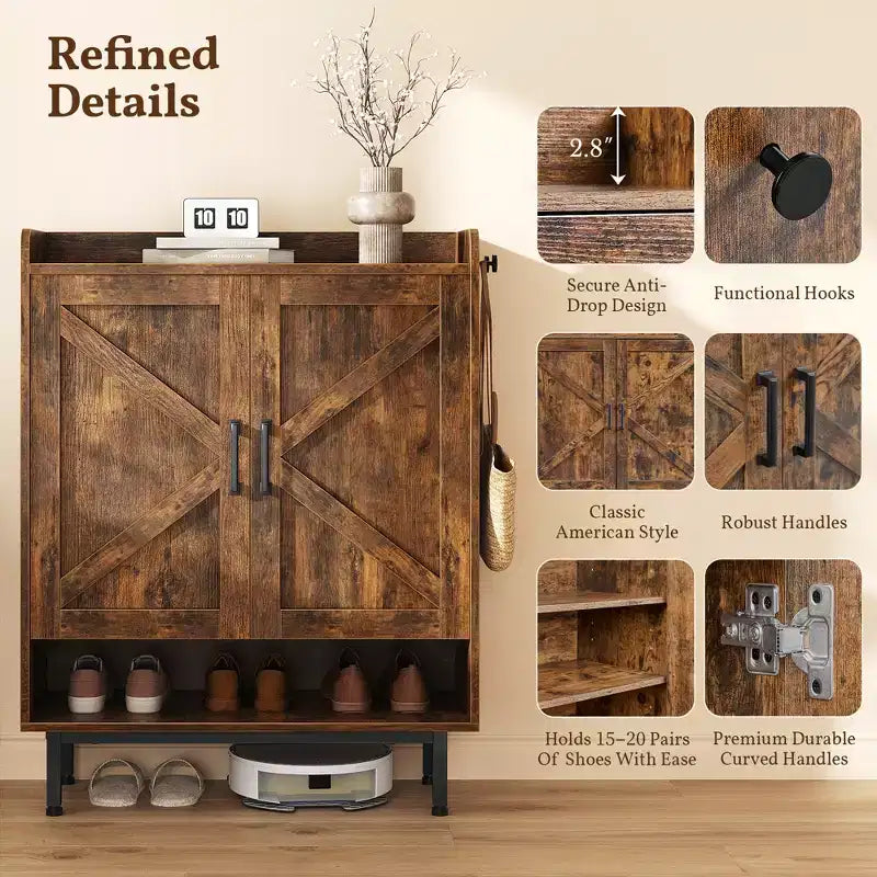 5-Tier Entryway Shoe Cabinet with Barn-Style Doors – Holds 15 Pairs, Rustic