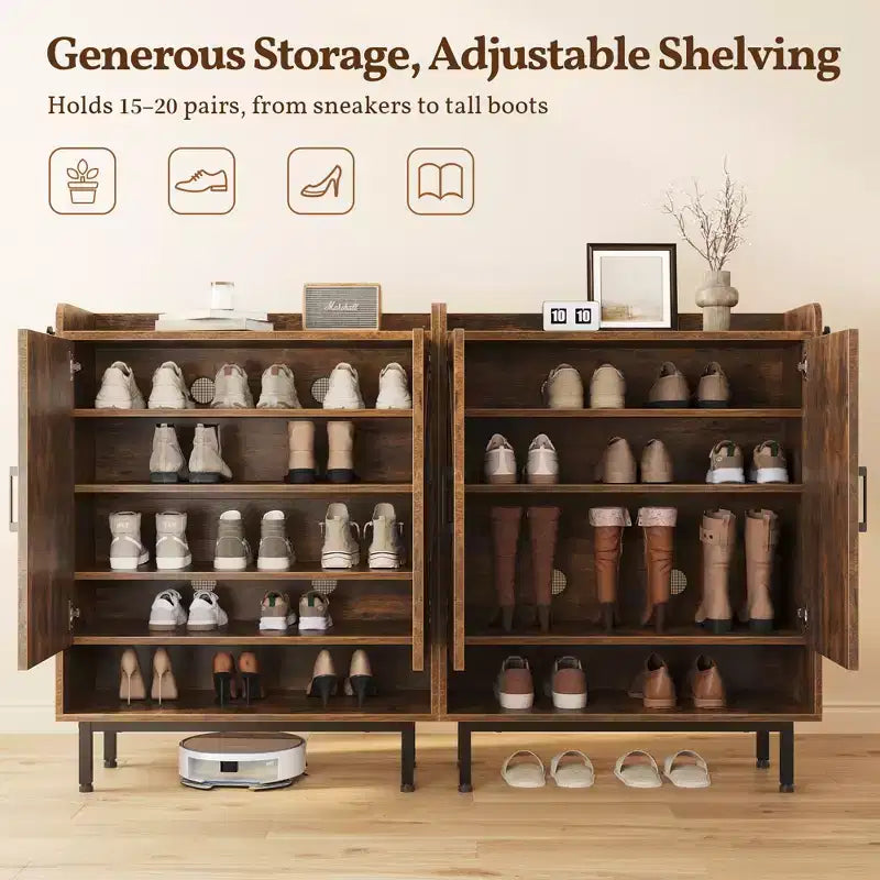 5-Tier Entryway Shoe Cabinet with Barn-Style Doors – Holds 15 Pairs, Rustic