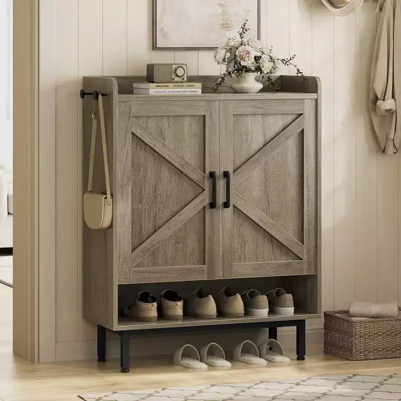 5-Tier Entryway Shoe Cabinet with Barn-Style Doors – Holds 15 Pairs, Rustic