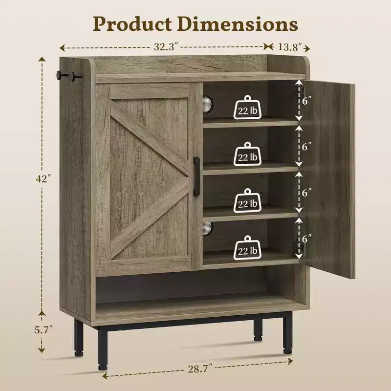 5-Tier Entryway Shoe Cabinet with Barn-Style Doors – Holds 15 Pairs, Rustic