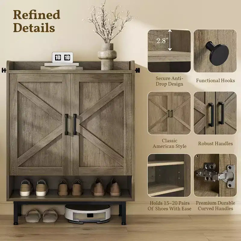 5-Tier Entryway Shoe Cabinet with Barn-Style Doors – Holds 15 Pairs, Rustic