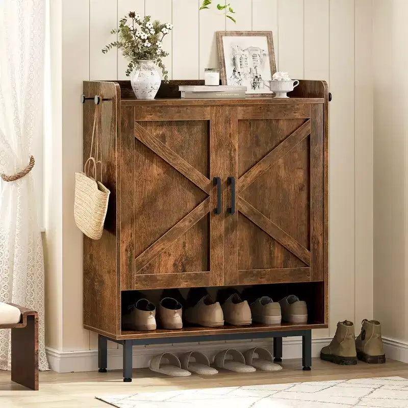 5-Tier Entryway Shoe Cabinet with Barn-Style Doors – Holds 15 Pairs, Rustic