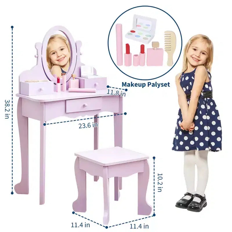 Set da Trucco per Bambini con Specchio, Tavolo da Trucco e Sgabello Scrivania e Sedia con Set da Trucco in Legno per Bambine di 4-9 Anni