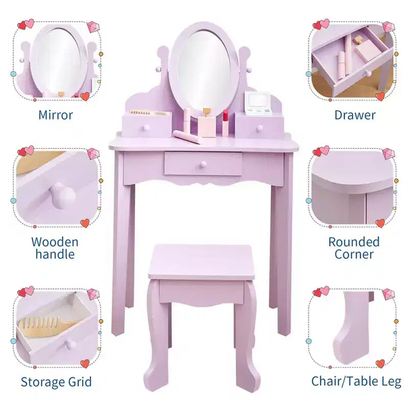 Set da Trucco per Bambini con Specchio, Tavolo da Trucco e Sgabello Scrivania e Sedia con Set da Trucco in Legno per Bambine di 4-9 Anni