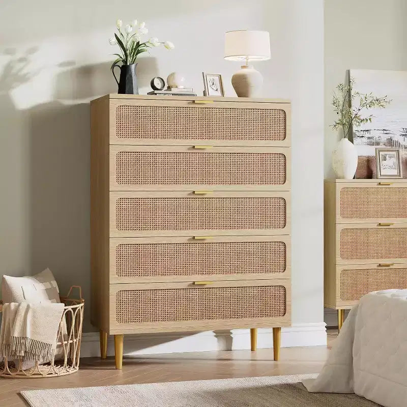 Rattan 5-Drawer Tall Dresser with Wide Top – Natural Wood Finish