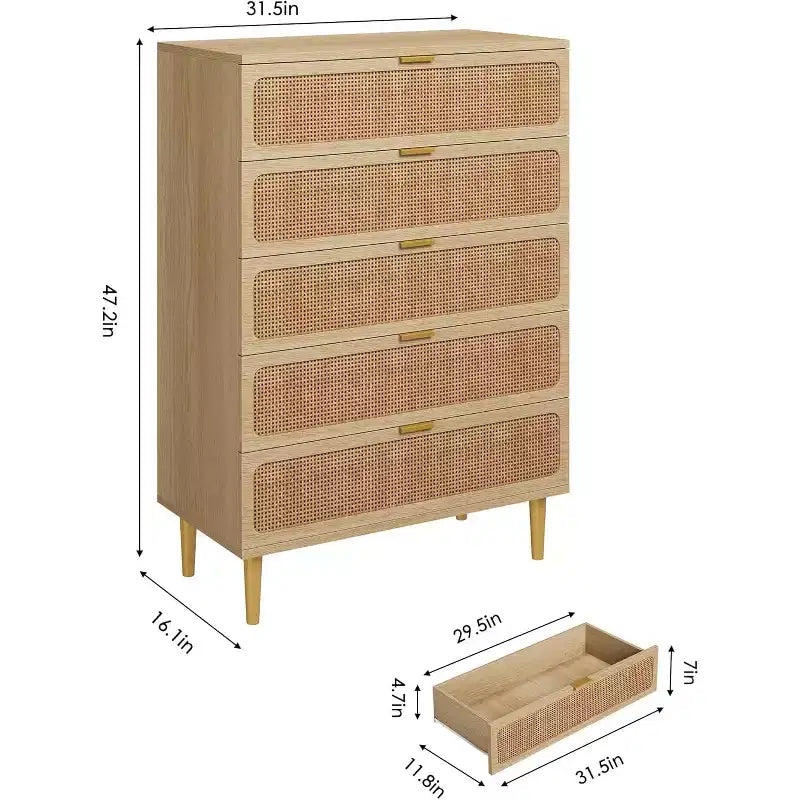 Rattan 5-Drawer Tall Dresser with Wide Top – Natural Wood Finish