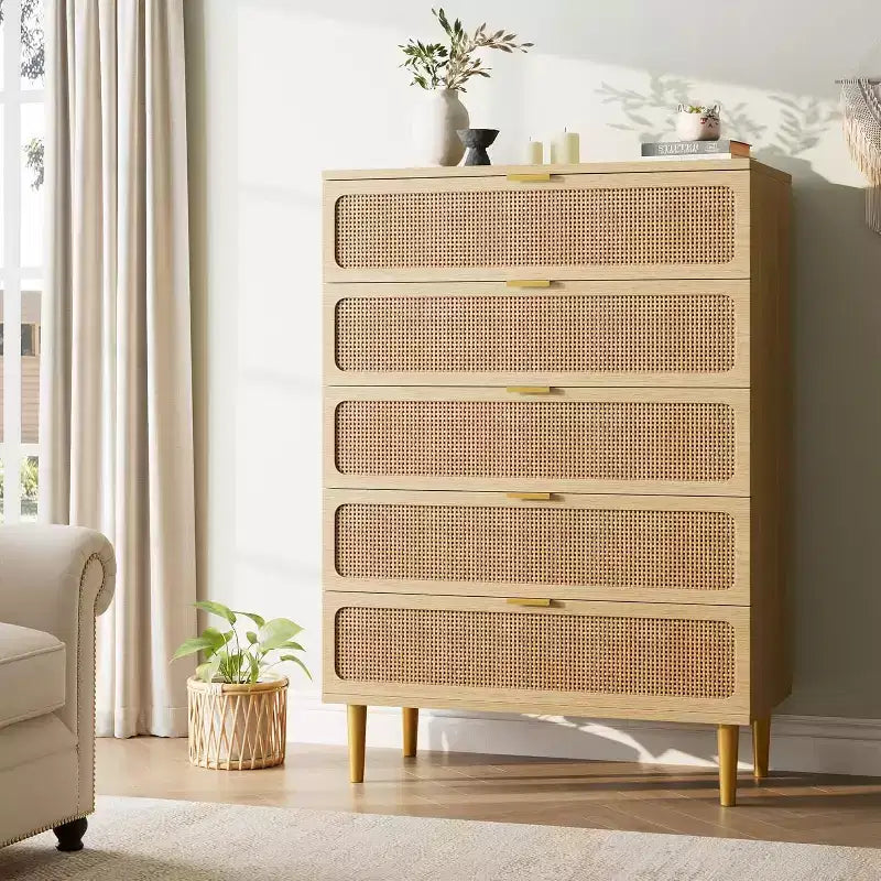 Rattan 5-Drawer Tall Dresser with Wide Top – Natural Wood Finish