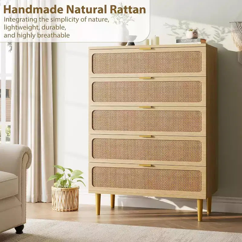 Rattan 5-Drawer Tall Dresser with Wide Top – Natural Wood Finish