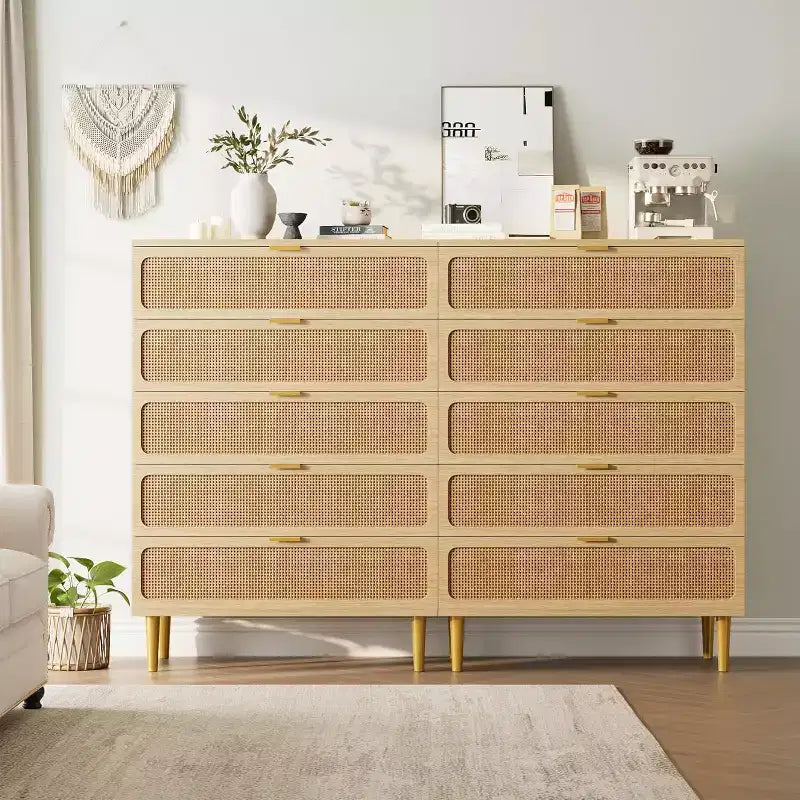 Rattan 5-Drawer Tall Dresser with Wide Top – Natural Wood Finish