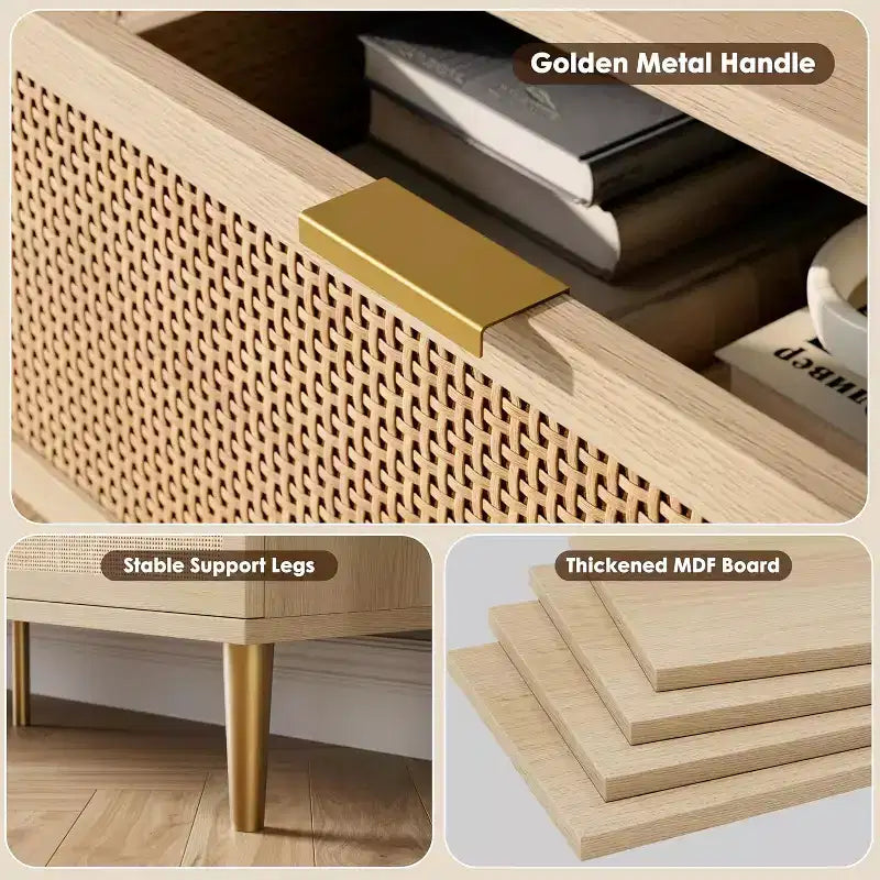 Rattan 5-Drawer Tall Dresser with Wide Top – Natural Wood Finish