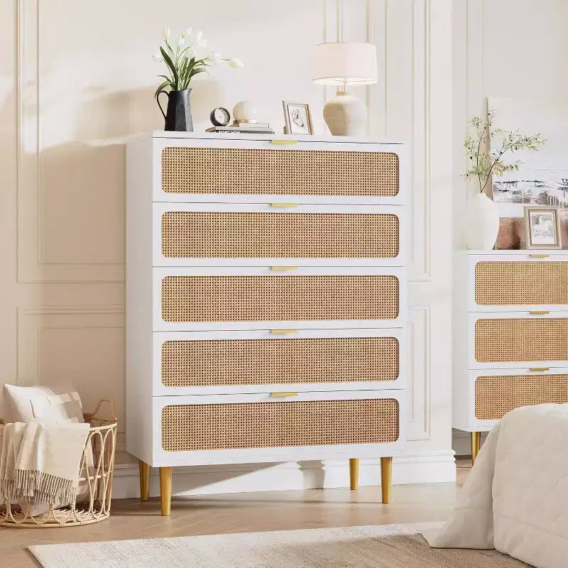 Rattan 5-Drawer Tall Dresser with Wide Top – Natural Wood Finish
