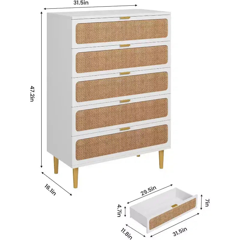 Rattan 5-Drawer Tall Dresser with Wide Top – Natural Wood Finish