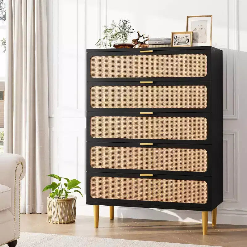 Rattan 5-Drawer Tall Dresser with Wide Top – Natural Wood Finish