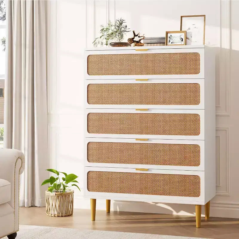Rattan 5-Drawer Tall Dresser with Wide Top – Natural Wood Finish