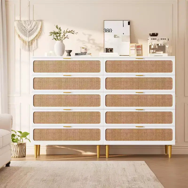 Rattan 5-Drawer Tall Dresser with Wide Top – Natural Wood Finish