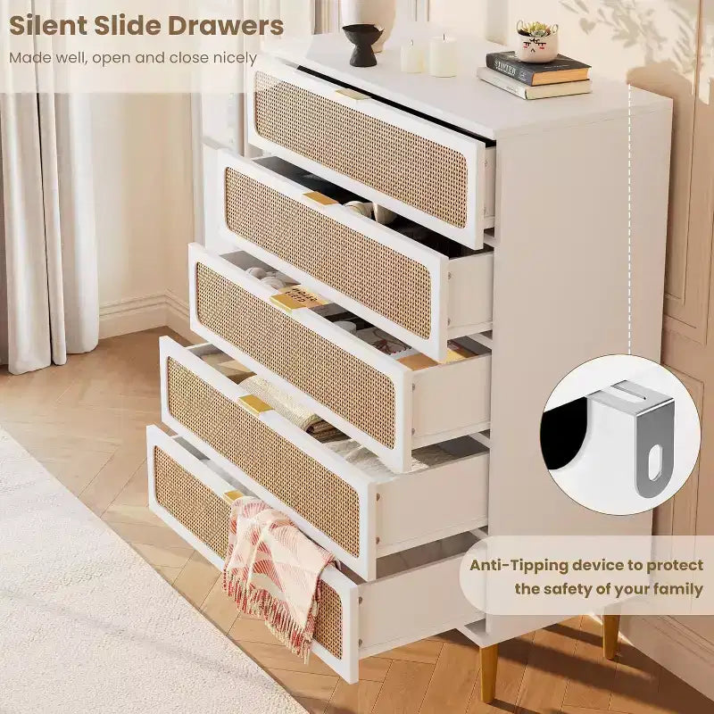Rattan 5-Drawer Tall Dresser with Wide Top – Natural Wood Finish