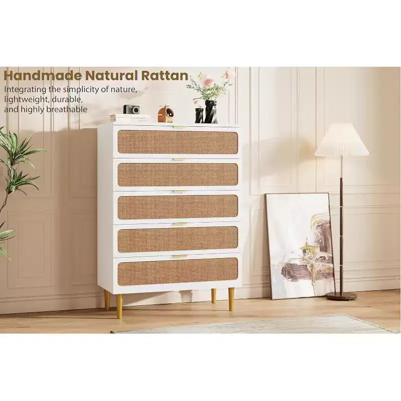 Rattan 5-Drawer Tall Dresser with Wide Top – Natural Wood Finish