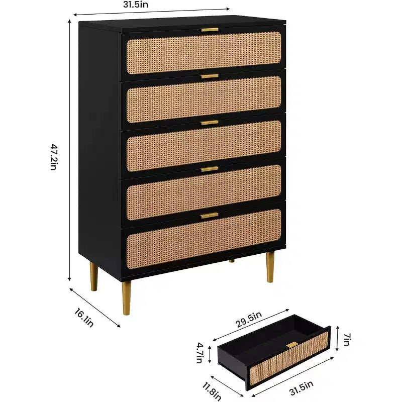 Rattan 5-Drawer Tall Dresser with Wide Top – Natural Wood Finish