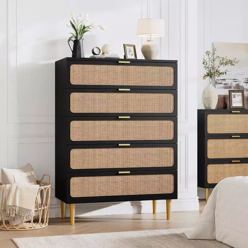 Rattan 5-Drawer Tall Dresser with Wide Top – Natural Wood Finish