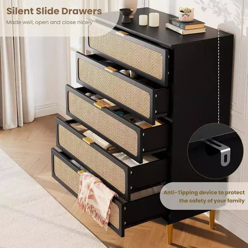 Rattan 5-Drawer Tall Dresser with Wide Top – Natural Wood Finish