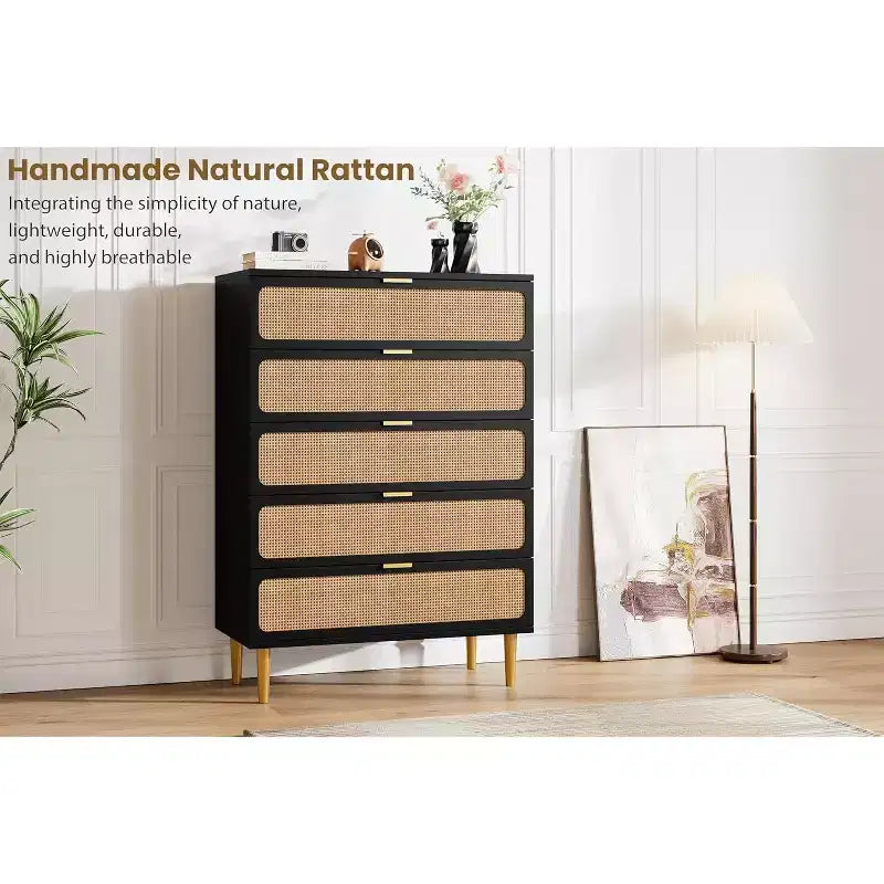 Rattan 5-Drawer Tall Dresser with Wide Top – Natural Wood Finish