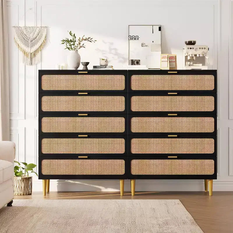 Rattan 5-Drawer Tall Dresser with Wide Top – Natural Wood Finish