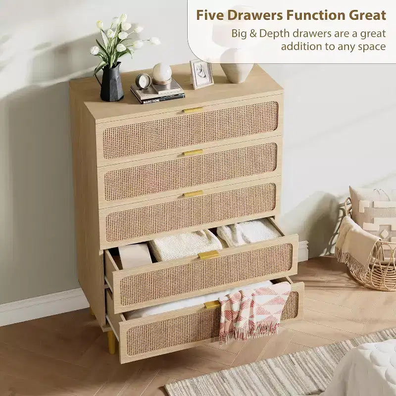 Rattan 5-Drawer Tall Dresser with Wide Top – Natural Wood Finish