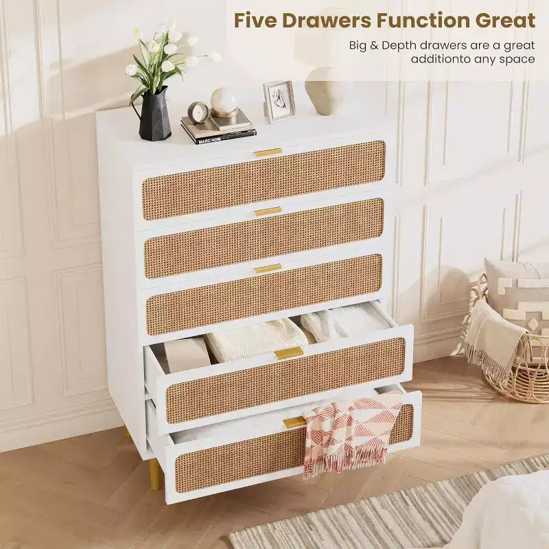 Rattan 5-Drawer Tall Dresser with Wide Top – Natural Wood Finish