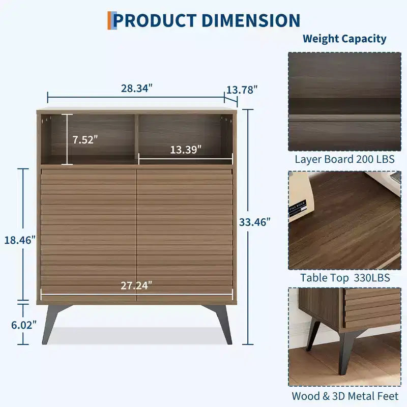 Fluted Storage Cabinet with Metal Legs – Mid-Century Modern Sideboard Credenza