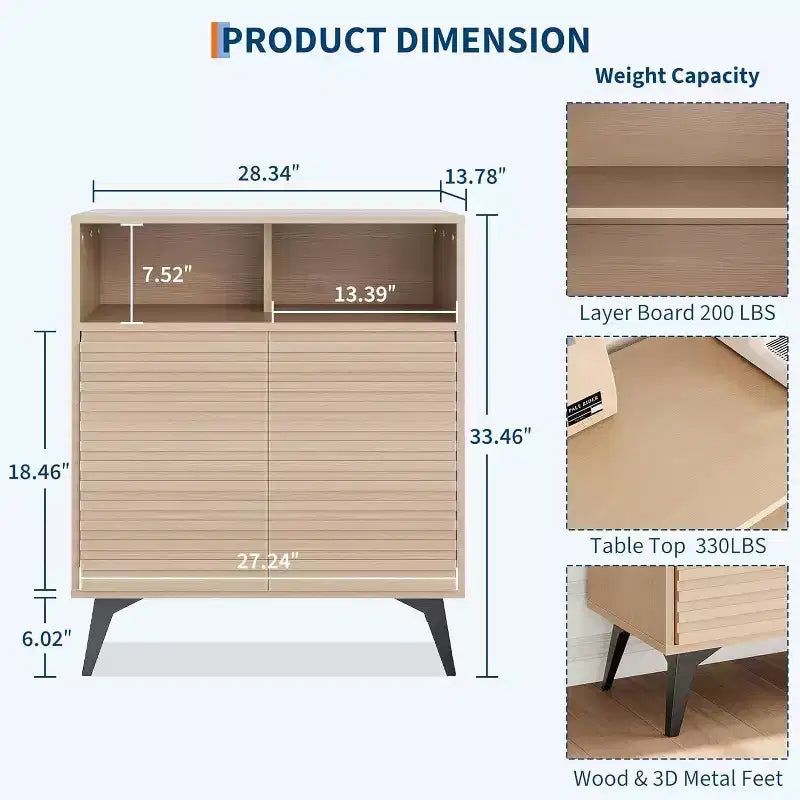 Fluted Storage Cabinet with Metal Legs – Mid-Century Modern Sideboard Credenza