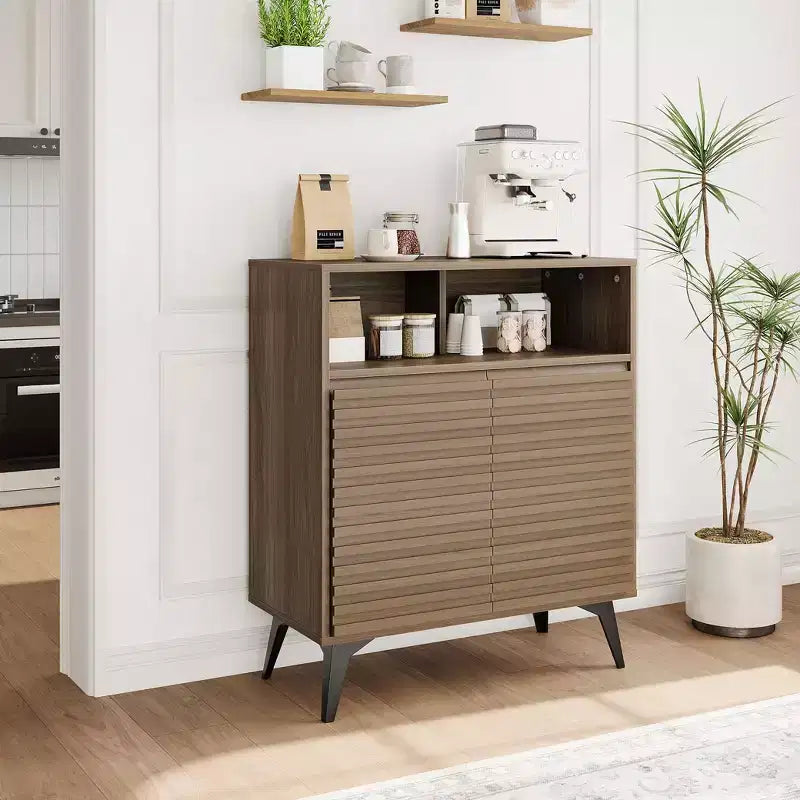 Fluted Storage Cabinet with Metal Legs – Mid-Century Modern Sideboard Credenza