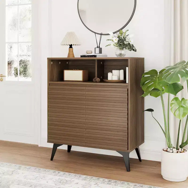 Fluted Storage Cabinet with Metal Legs – Mid-Century Modern Sideboard Credenza