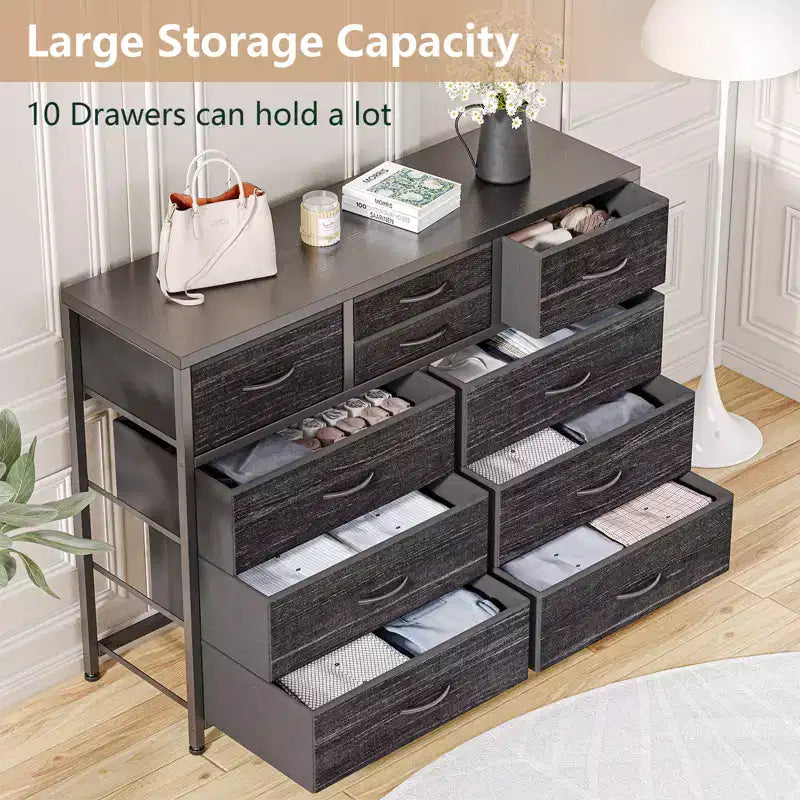 10-Drawer Fabric Dresser with Steel Frame & Wood Top – Lightweight Multi-Room Organizer