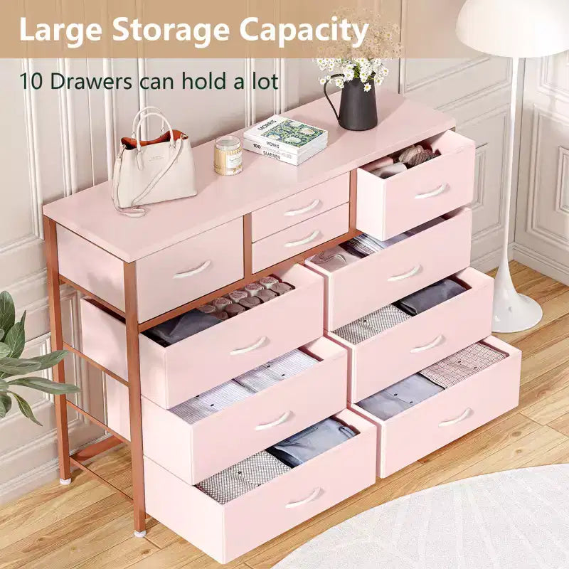 10-Drawer Fabric Dresser with Steel Frame & Wood Top – Lightweight Multi-Room Organizer