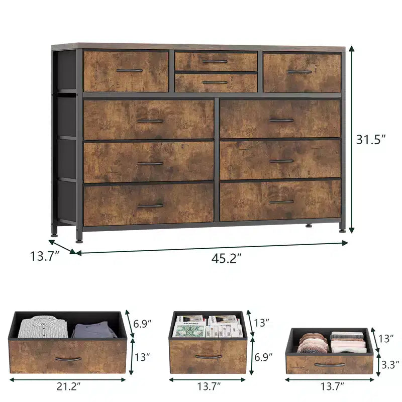 10-Drawer Fabric Dresser with Steel Frame & Wood Top – Lightweight Multi-Room Organizer