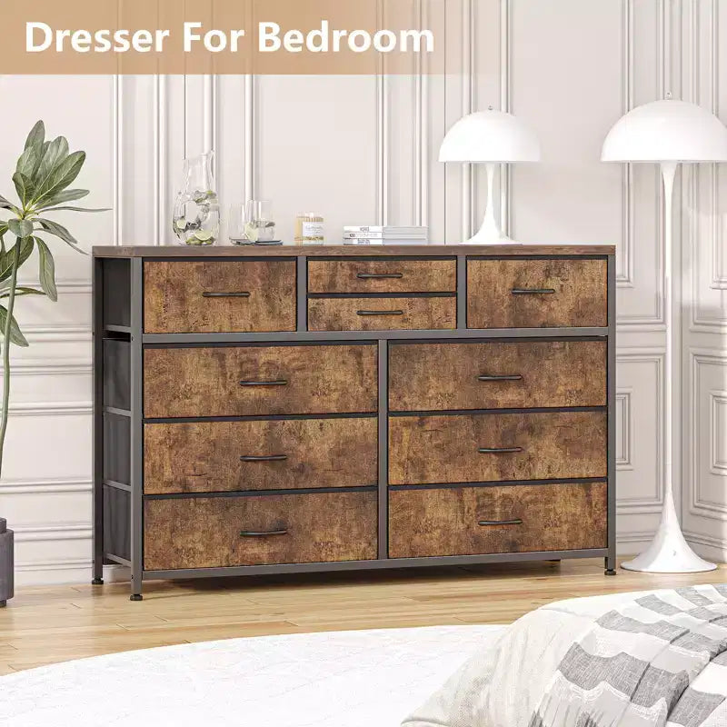 10-Drawer Fabric Dresser with Steel Frame & Wood Top – Lightweight Multi-Room Organizer