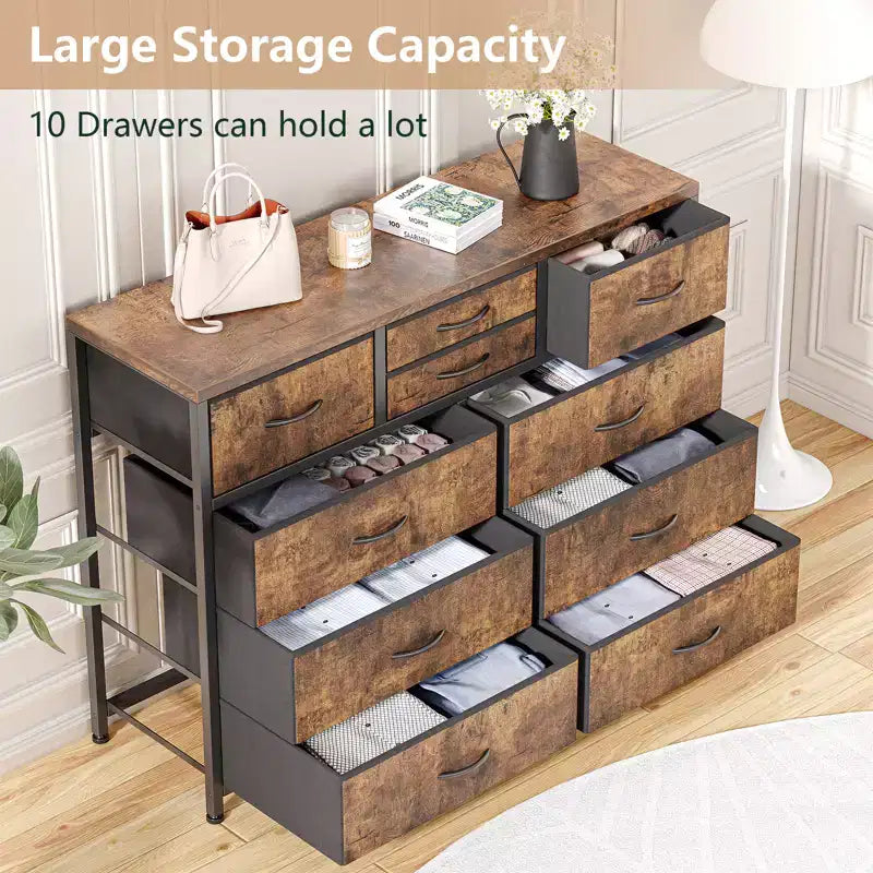 10-Drawer Fabric Dresser with Steel Frame & Wood Top – Lightweight Multi-Room Organizer