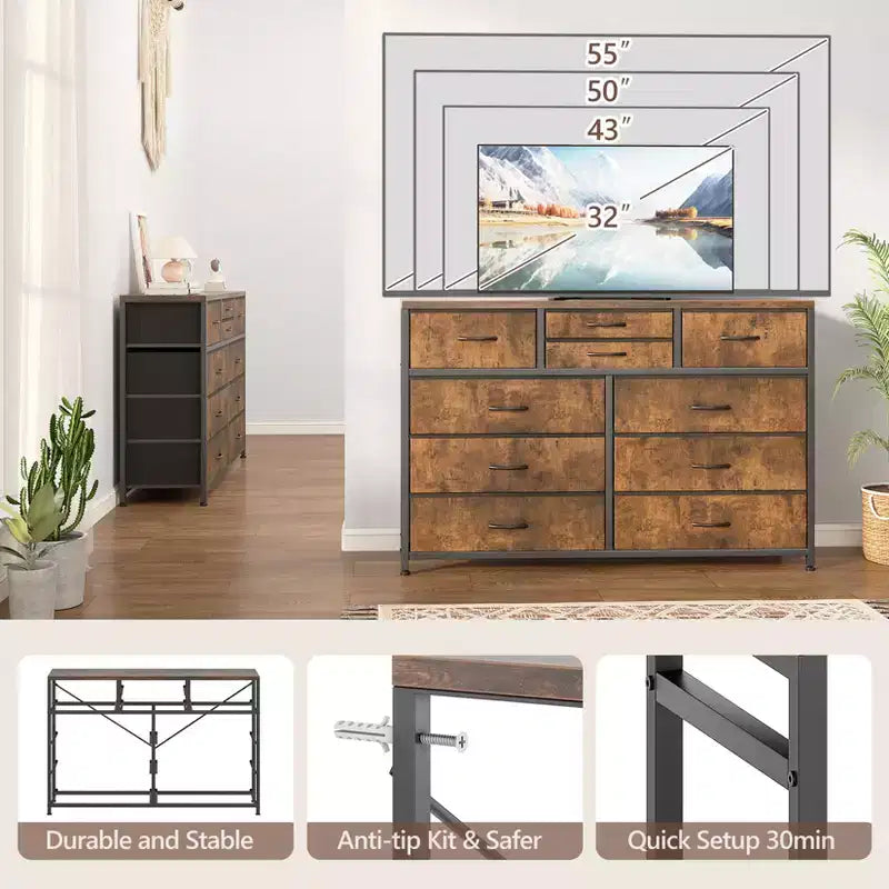 10-Drawer Fabric Dresser with Steel Frame & Wood Top – Lightweight Multi-Room Organizer