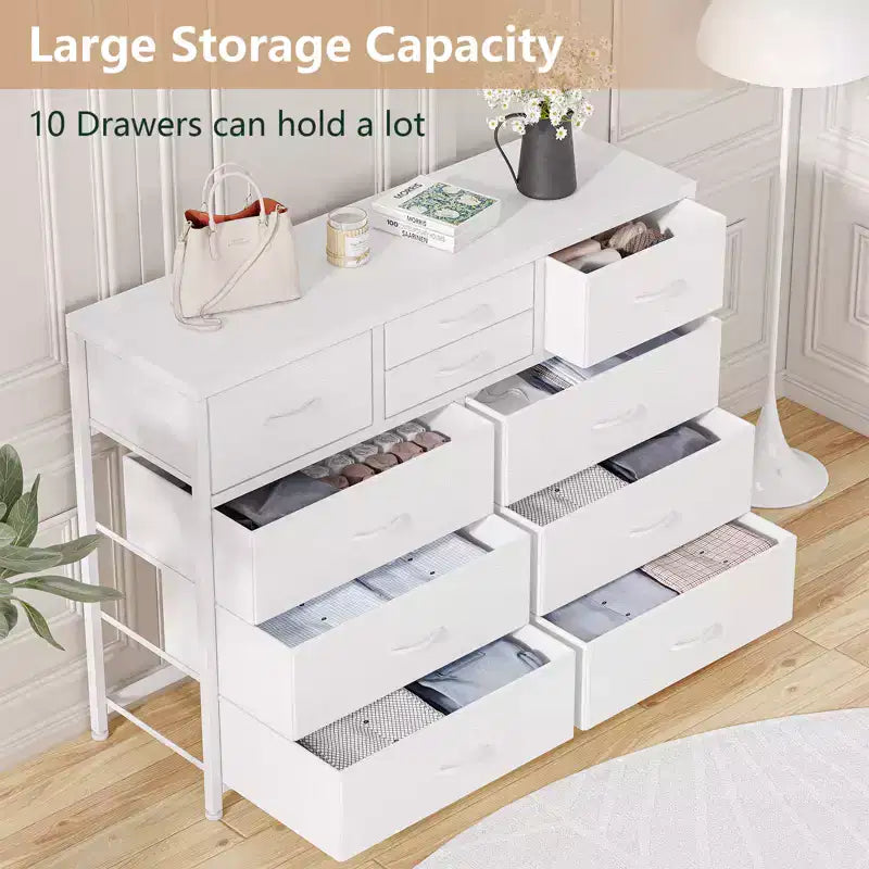 10-Drawer Fabric Dresser with Steel Frame & Wood Top – Lightweight Multi-Room Organizer