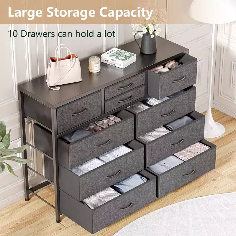 10-Drawer Fabric Dresser with Steel Frame & Wood Top – Lightweight Multi-Room Organizer