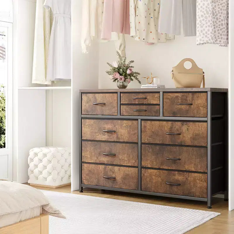 10-Drawer Fabric Dresser with Steel Frame & Wood Top – Lightweight Multi-Room Organizer