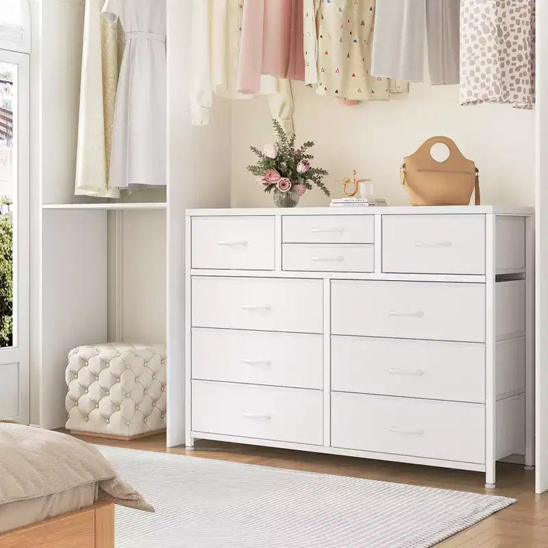 10-Drawer Fabric Dresser with Steel Frame & Wood Top – Lightweight Multi-Room Organizer