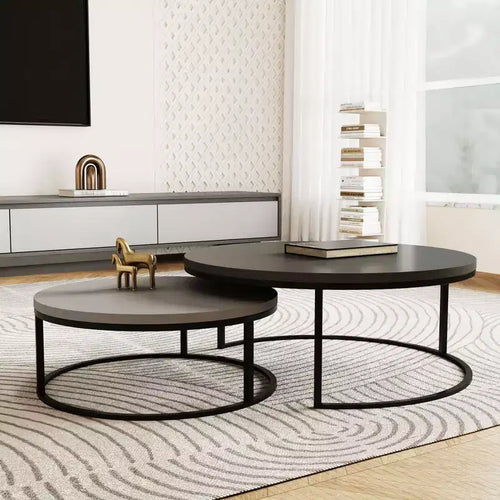 Gaoyangjiaju 31.5 Modern Round Nesting Coffee Table Set of 2 - Minimalist Industrial Center Tables - Grey/Black