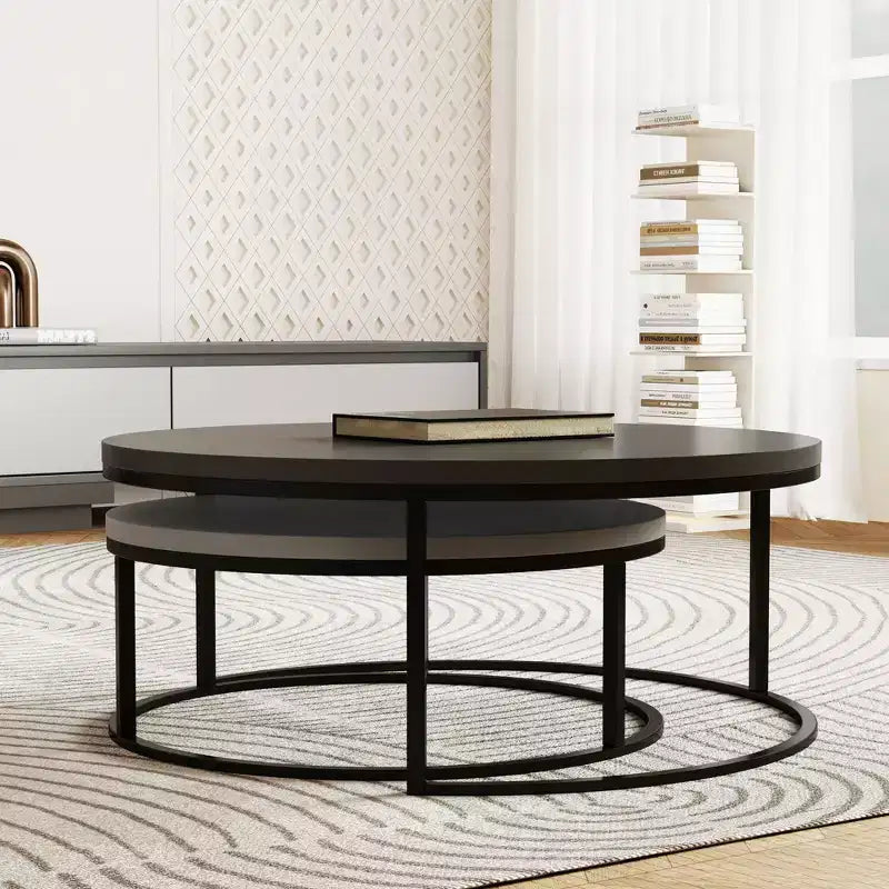 31.5" Round Nesting Coffee Table Set of 2 – Minimalist Industrial, Grey & Black