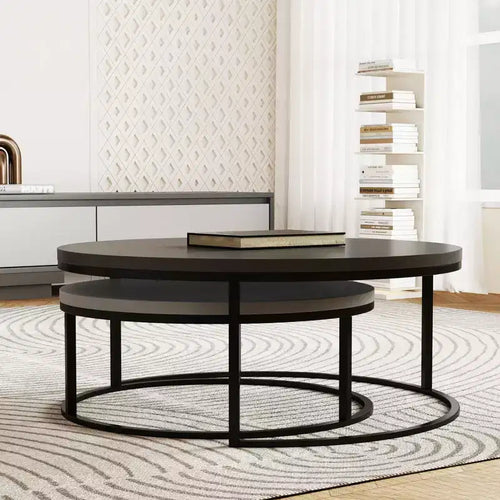 31.5" Round Nesting Coffee Table Set of 2 – Minimalist Industrial, Grey & Black