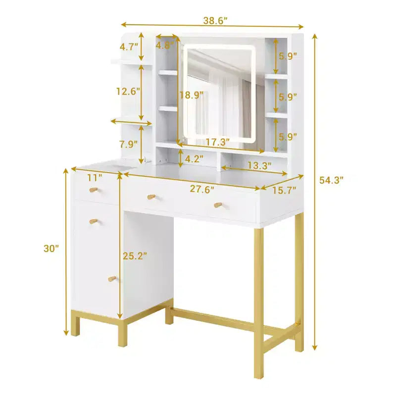 Vanity Desk with Lights, Makeup Vanity Desk, 3 Color Lighting Modes, Vanity Table with Drawers and Cabinets, Dressing Table with Power Outlet
