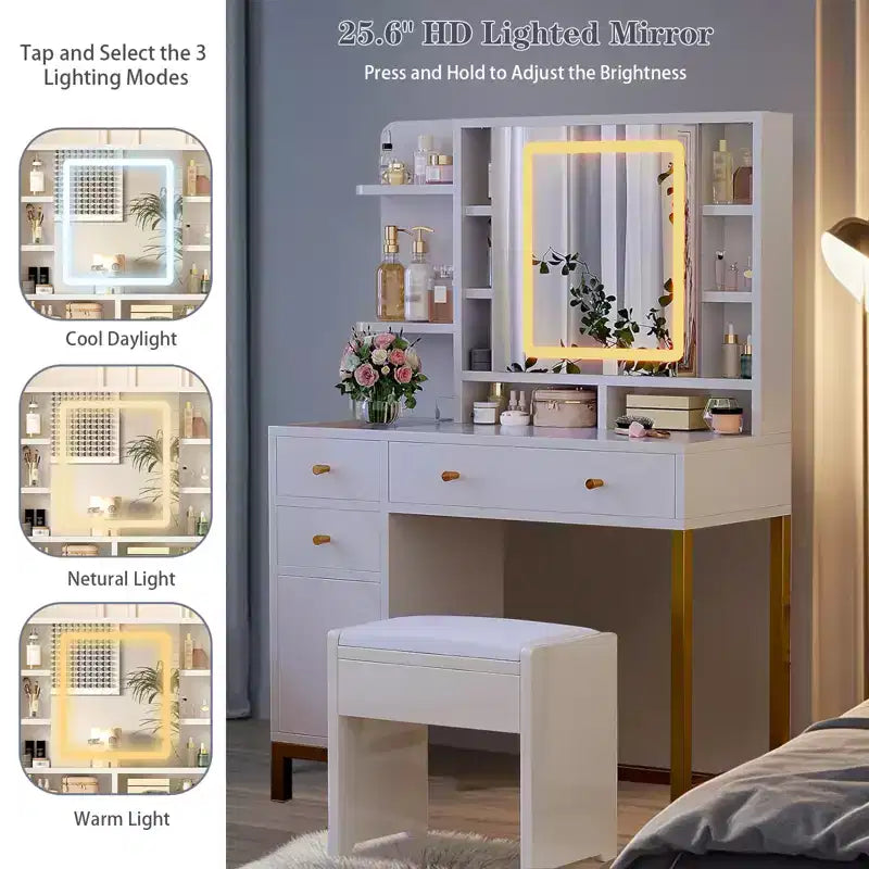 Vanity Desk with Lights, Makeup Vanity Desk, 3 Color Lighting Modes, Vanity Table with Drawers and Cabinets, Dressing Table with Power Outlet