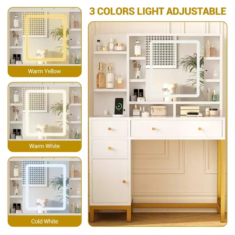 Vanity Desk with Lights, Makeup Vanity Desk, 3 Color Lighting Modes, Vanity Table with Drawers and Cabinets, Dressing Table with Power Outlet