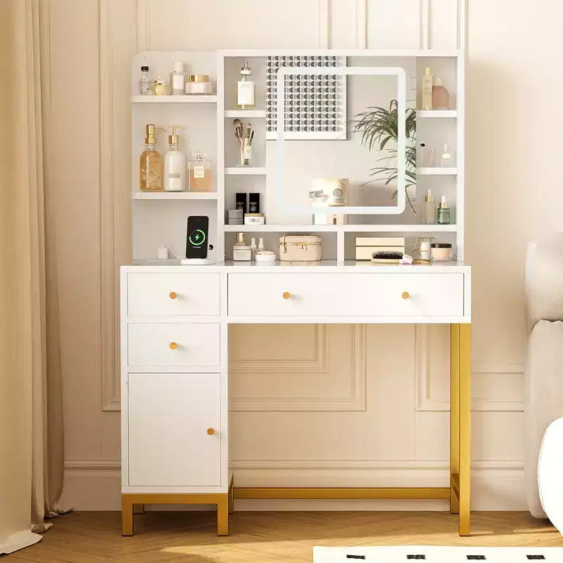 Vanity Desk with Lights, Makeup Vanity Desk, 3 Color Lighting Modes, Vanity Table with Drawers and Cabinets, Dressing Table with Power Outlet