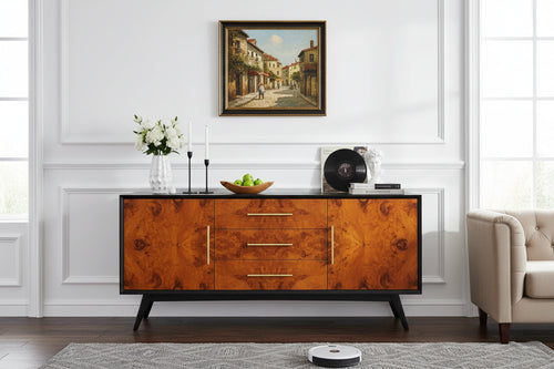 51.2 Farmhouse Sideboard Buffet Cabinet with 3 Drawers, Burl Texture, and Open Shelves, Walnut Finish